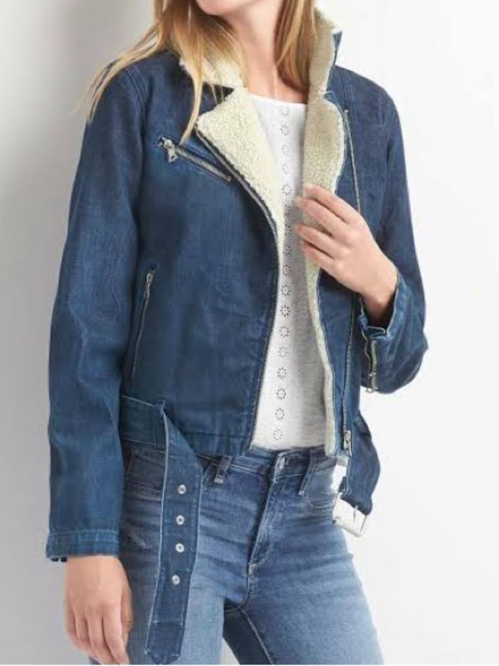 GAP Denim Sherpa-Lined Moto Jacket - Blue